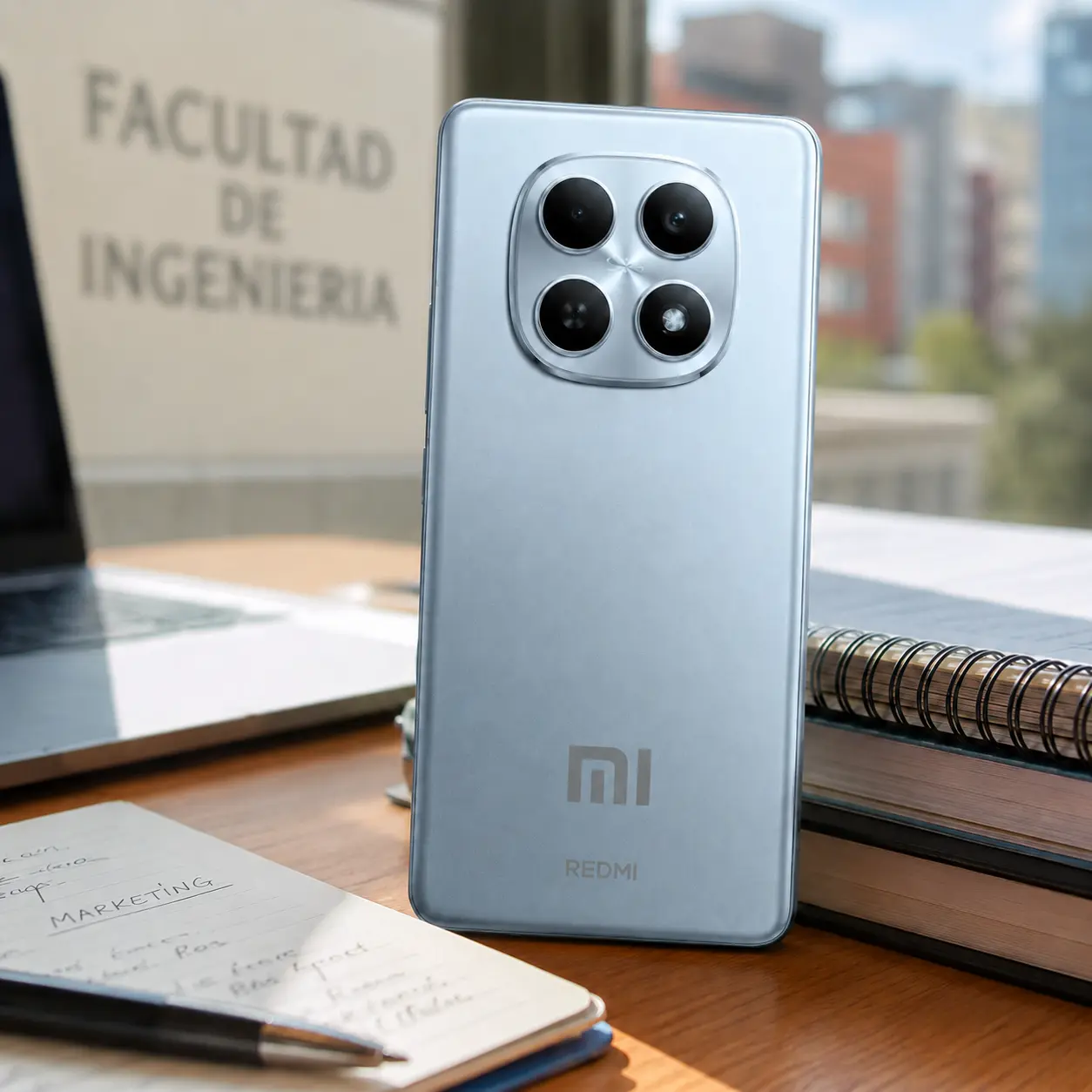 Smartphone Xiaomi celeste claro sobre un escritorio de estudio con cuadernos y una laptop al fondo